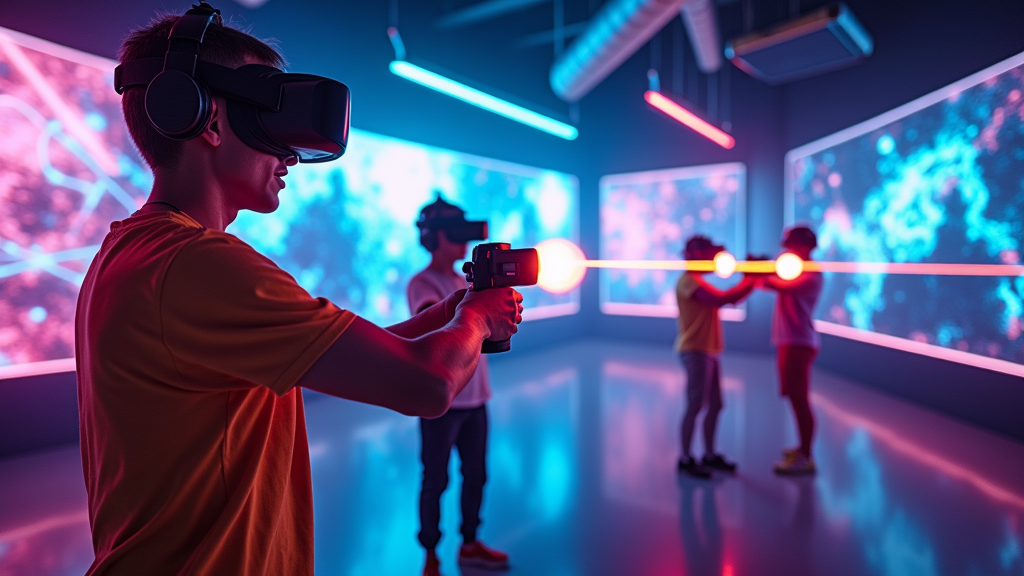Equipo jugando Laser Tag VR en arena futurista
