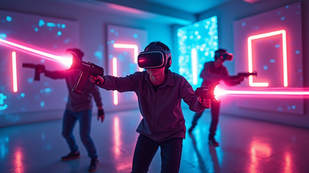 Jugador apuntando con pistola VR en Laser Tag