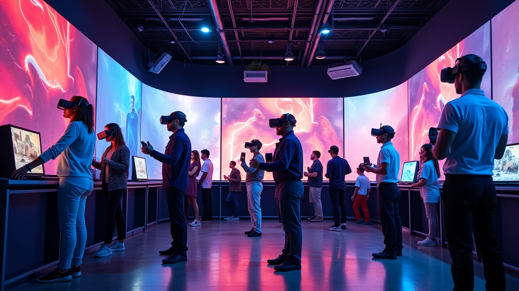 Grupo de amigos con gafas VR sonriendo mientras disfrutan de las experiencias de realidad virtual en Virtua Barcelona