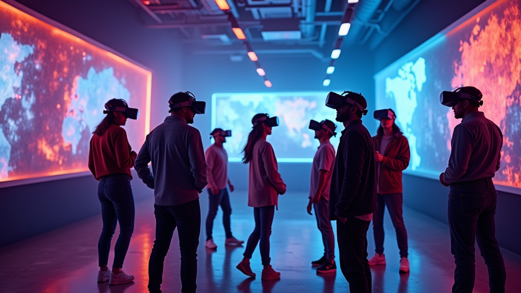 Equipo empresarial colaborando en una actividad de team building con realidad virtual en Virtua Barcelona, usando gafas VR.