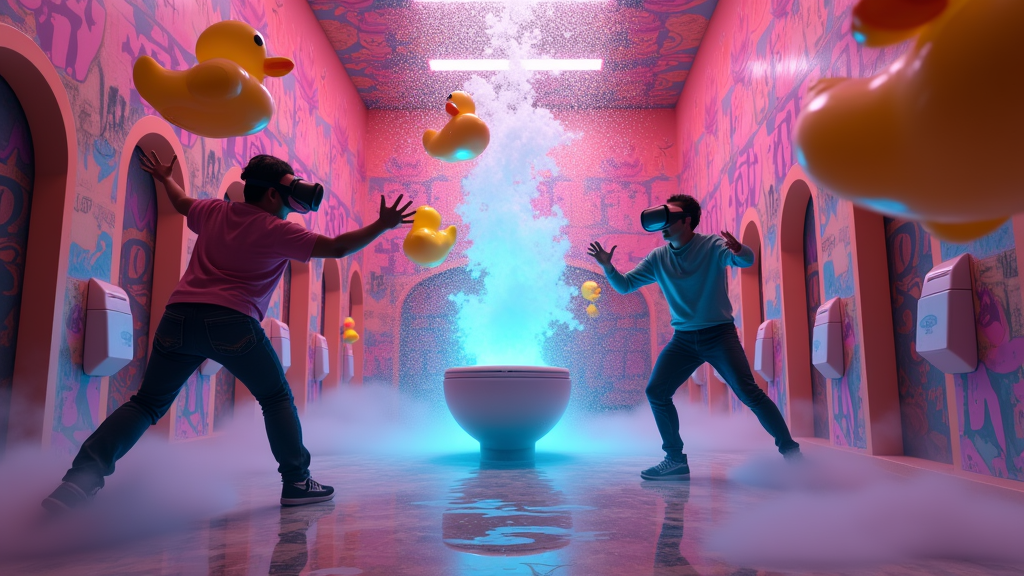Ilustración humorística para el Toilet Toss VR Análisis, mostrando la estética del juego