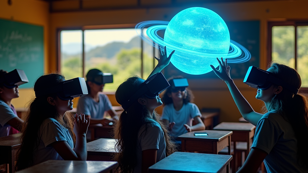 Estudiantes en Colombia participando en la Transformación Educativa con gafas de Realidad Virtual en el aula