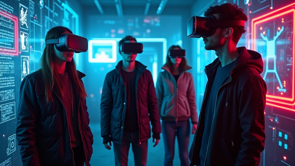 Equipo jugando al Cyberpunk Escape Room Barcelona en Virtua, inmersos en un entorno futurista con luces de neón y tecnología avanzada.