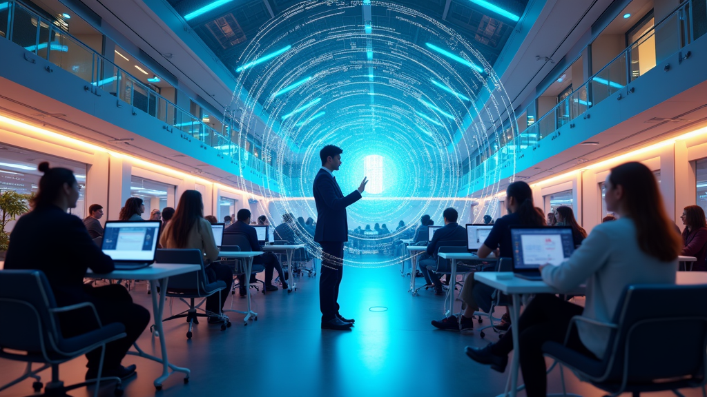 Estudiantes universitarios interactuando con herramientas de IA, reflejando los desafíos éticos de la IA en educación universitaria