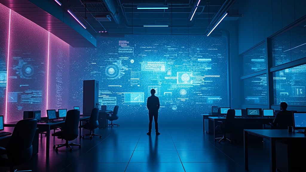 Visualización abstracta de la inteligencia artificial interactuando con datos y redes neuronales