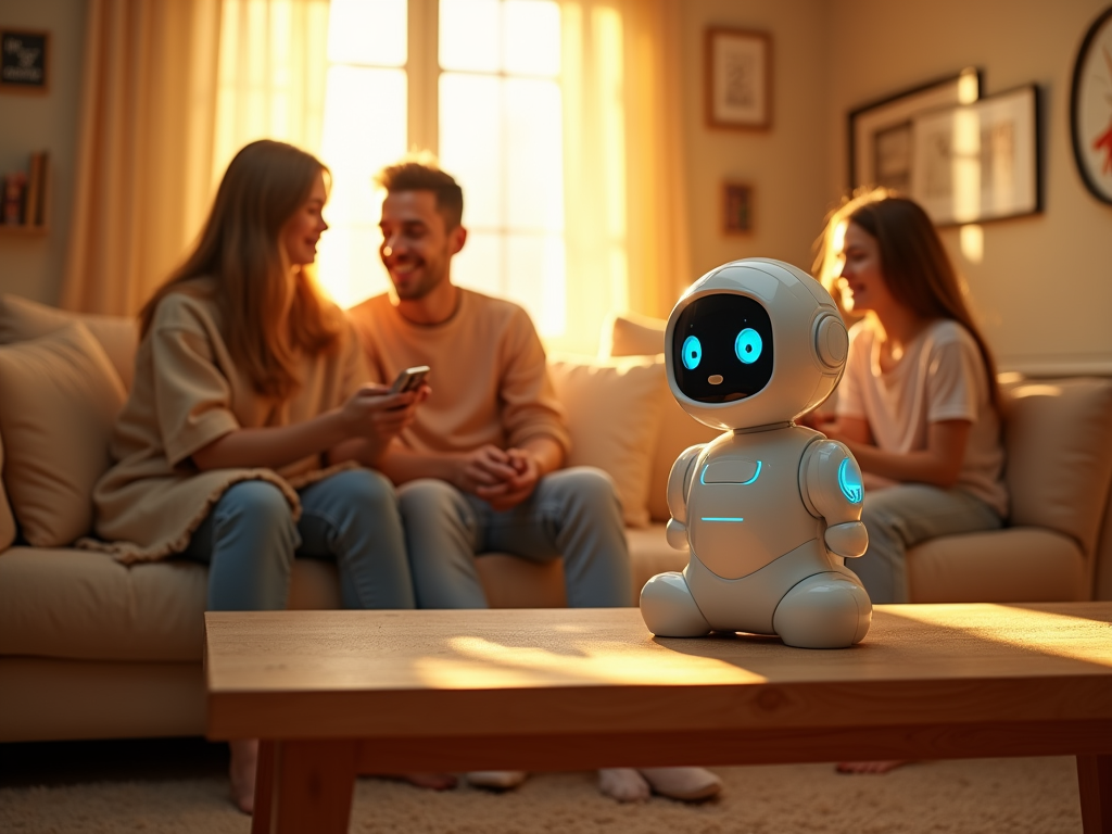 Eilik Azul robot interactuando amistosamente sobre un escritorio de trabajo