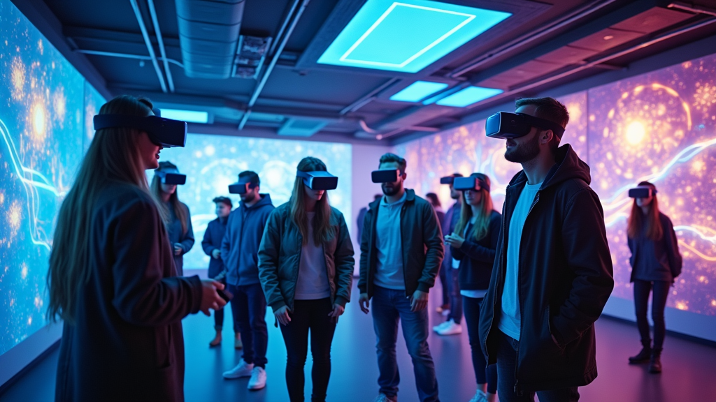 Participantes de una empresa sonriendo mientras disfrutan una experiencia de realidad virtual en Barcelona con Virtua.