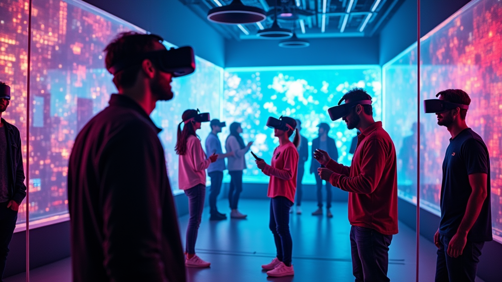 Jugadores colaborando y resolviendo puzzles en el Cyberpunk Escape Room Barcelona de Virtua, con hologramas y tecnología futurista.