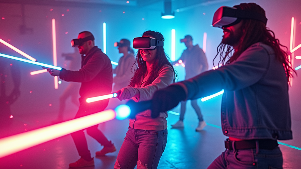 Jugadores disfrutando de la experiencia Beat Saber Barcelona VR en las instalaciones de Virtua