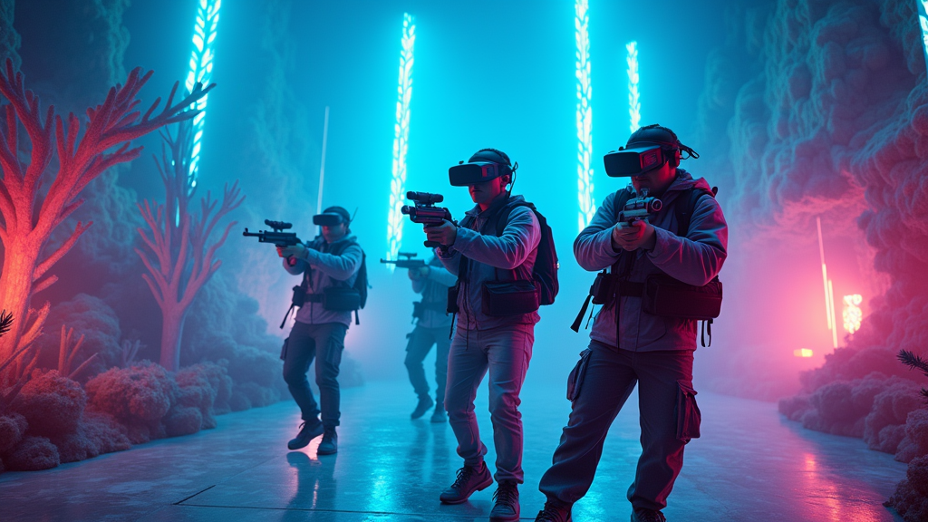 Grupo de amigos disfrutando de la experiencia de paintball virtual Smash Point en Barcelona