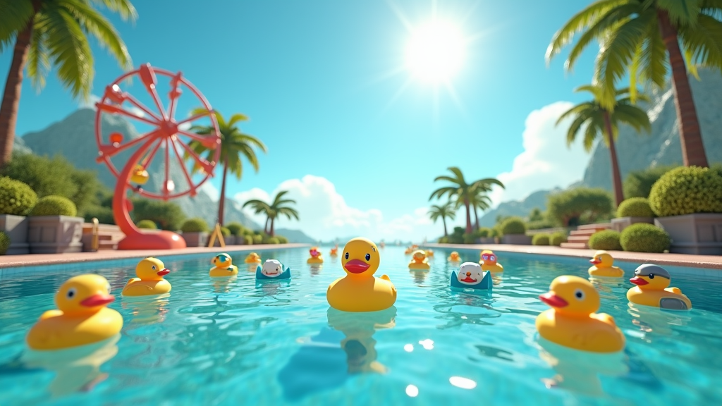 Escena relajante con patitos de goma flotando en Placid Plastic Duck VR, como se detalla en nuestro análisis