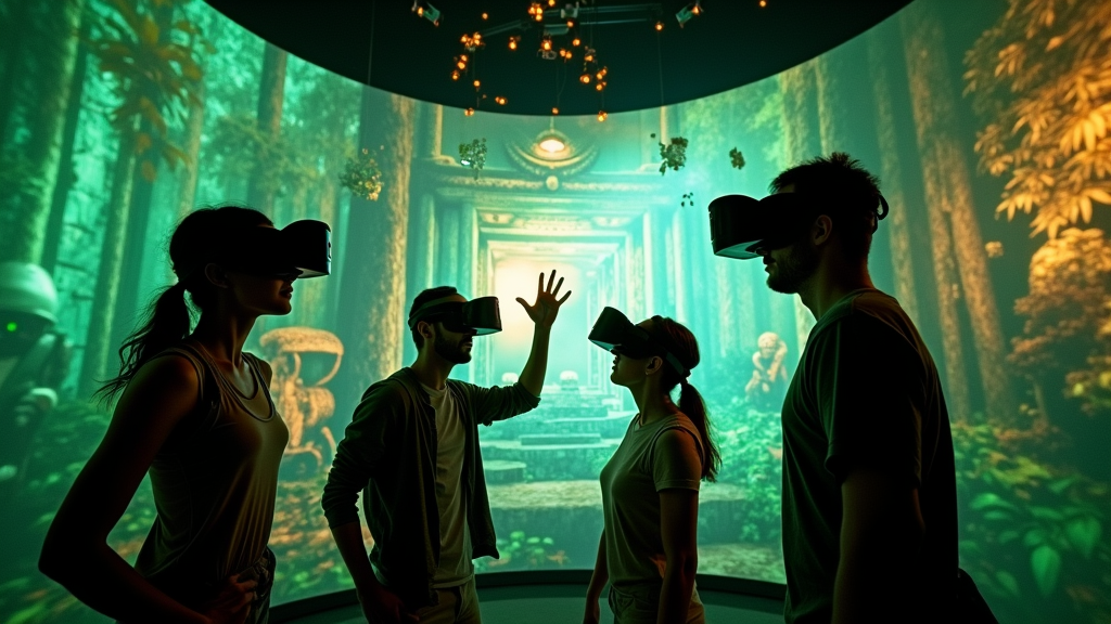Grupo de amigos disfrutando del Escape Room VR Jungle Quest en Virtua Barcelona