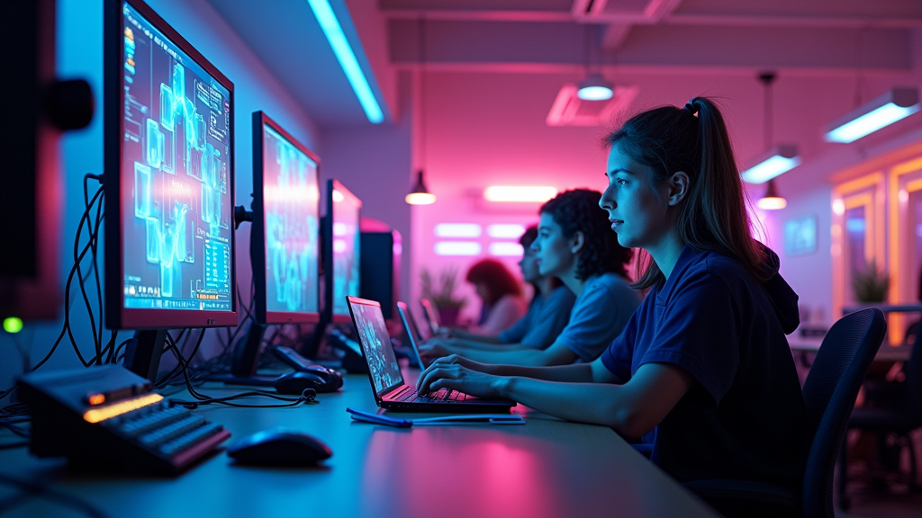 Jóvenes colaborando en un entorno de aprendizaje TUMO Buenos Aires, con énfasis en robótica y desarrollo de proyectos tecnológicos.