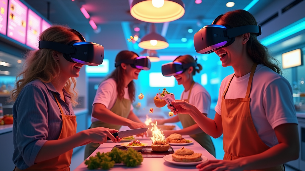 Instalaciones de Virtua Barcelona con participantes en la experiencia culinaria realidad virtual Cook Out