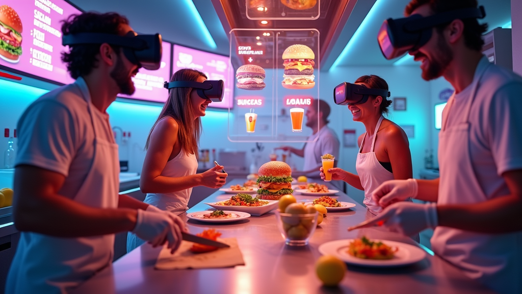 Equipo de trabajo disfrutando la experiencia culinaria realidad virtual Cook Out en Virtua Barcelona