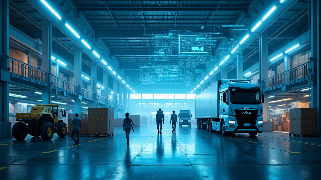 Concepto visual de la Amazon IA agente robótica trabajando en un almacén futurista de Amazon.