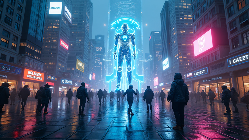 Representación artística de un robot humanoide de Amazon realizando una entrega en un entorno urbano, mostrando el futuro de la logística.