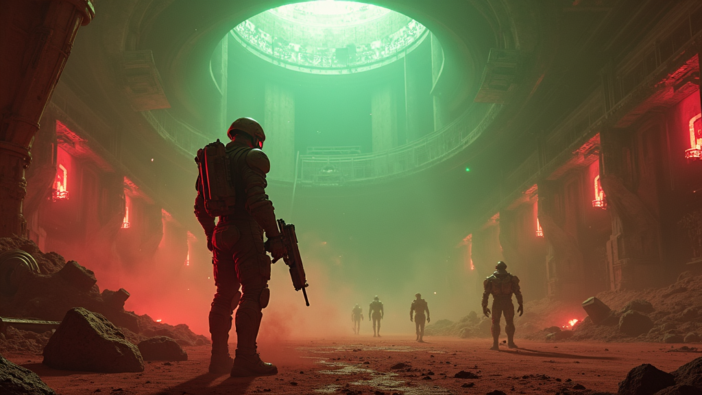 Escena de combate en Dixotomia VR, mostrando las habilidades vampíricas y armas futuristas disponibles en el juego.