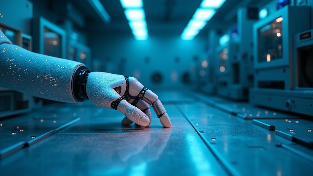 Mano robótica con Piel Robótica Sensibilidad Humana y circuitos neuronales ilustrando el concepto