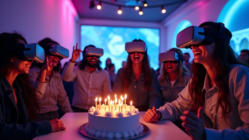 Grupo de niños emocionados celebrando un cumpleaños realidad virtual Barcelona en las instalaciones de Virtua Barcelona