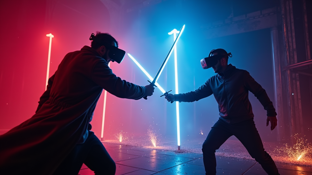 Un equipo de empresa celebra tras una sesión de team building con combate de espadas VR en Virtua Barcelona.