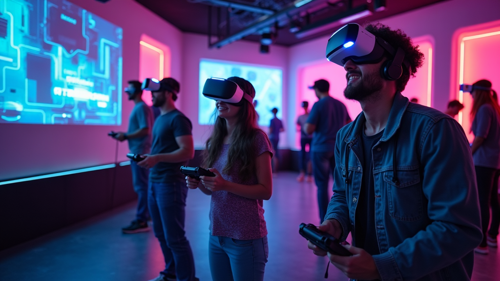 Familia sonriendo mientras disfruta de emocionantes experiencias realidad virtual Barcelona en Virtua: niños y padres con gafas VR.