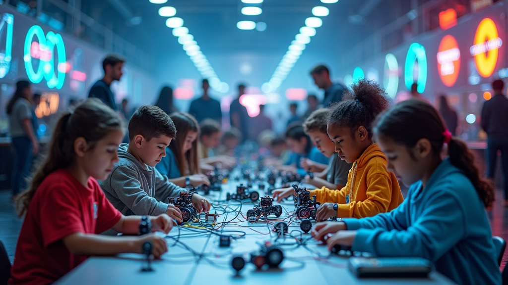 Jóvenes participantes concentrados en sus proyectos robóticos durante la WRO Fase Gallega Muncyt.