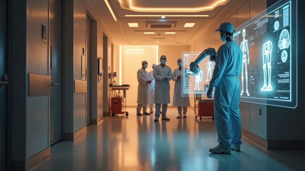 Equipo médico del Hospital HM San Francisco operando con el sistema del Robot Rosa para una cirugía de rodilla de alta precisión.