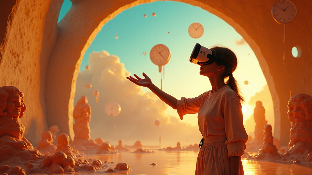 Una persona completamente inmersa en la Experiencia VR Surrealismo Dalí, interactuando con el arte en Virtua Barcelona.