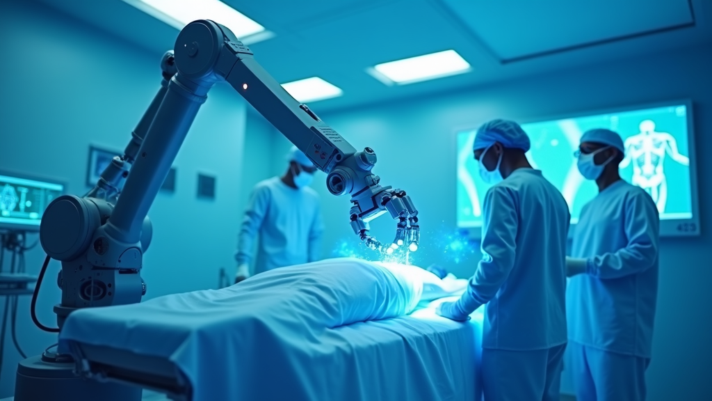 Ilustración detallada del Robot Rosa asistiendo en una cirugía de rodilla, mostrando su brazo articulado y el sistema de guiado óptico.