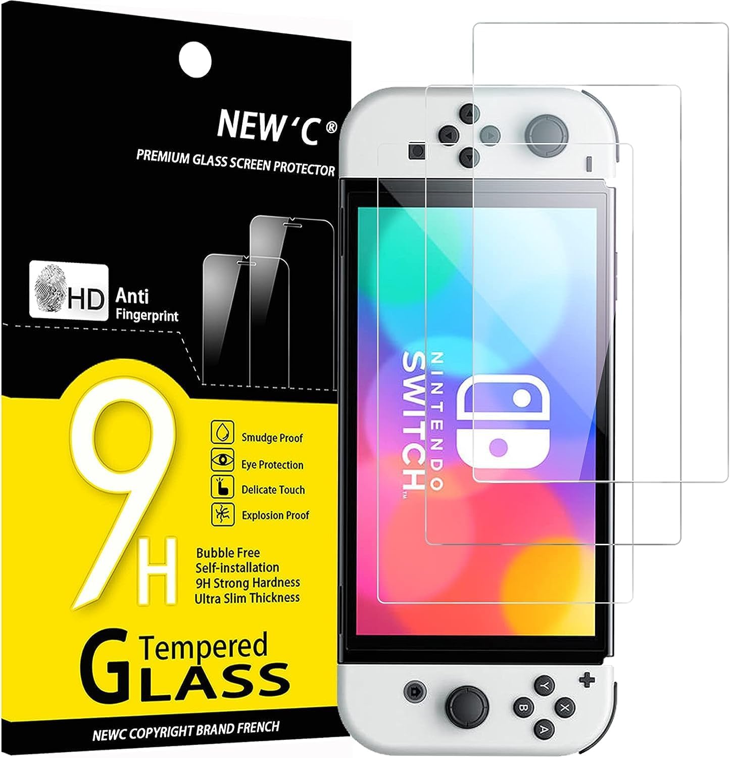 Pack de tres unidades del NEW'C Protector Pantalla para Nintendo Switch OLED con su embalaje