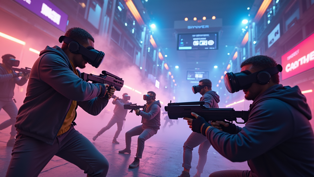 Equipo coordinándose en una partida del hero shooter VR X8 en las instalaciones de Virtua Barcelona