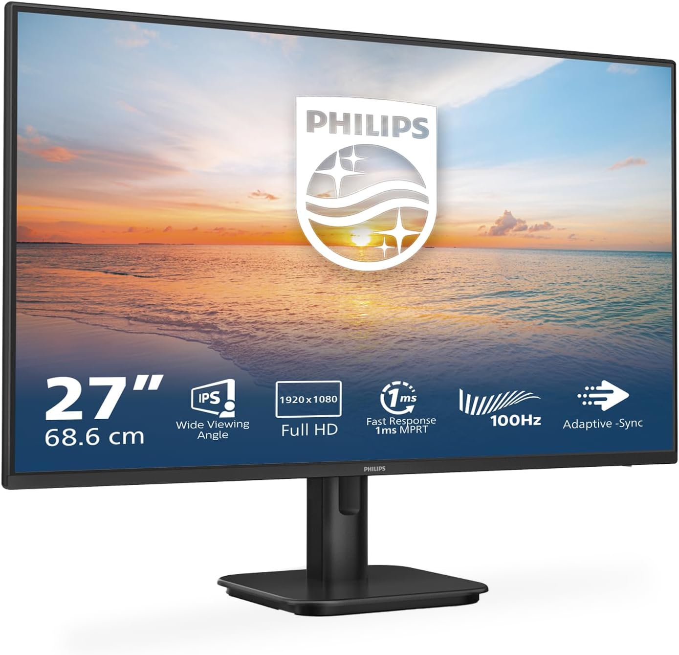 Monitor Philips 27E1N1100A en un entorno de escritorio moderno junto a un botón de compra