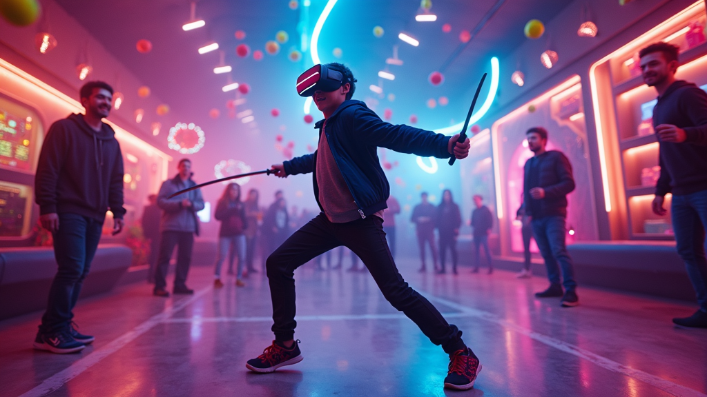 Jugador cortando frutas en la experiencia Fruit Ninja realidad virtual Barcelona en Virtua