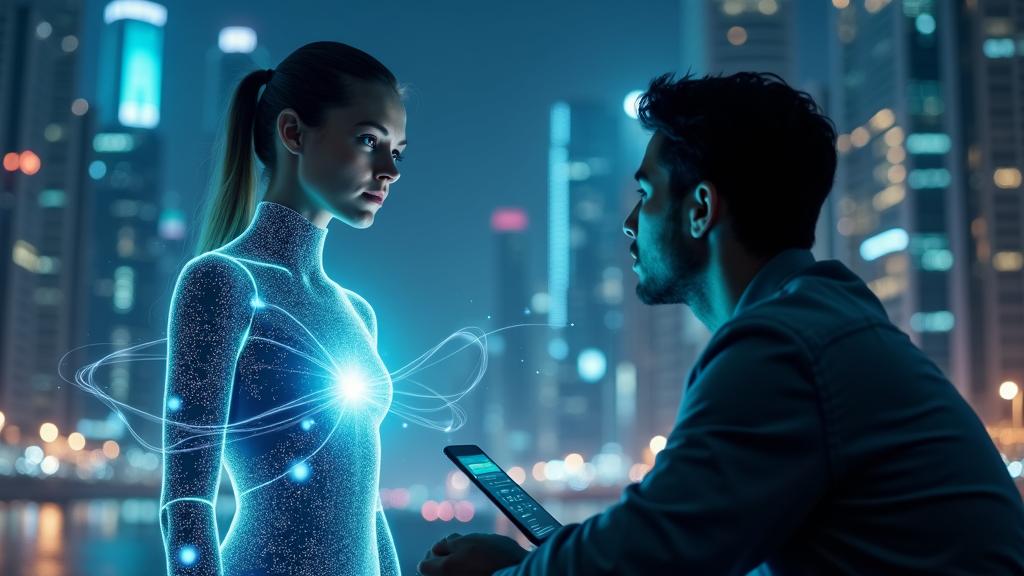 Meo, el innovador IA compañero emocional digital, exhibiendo un diseño de influencer virtual.