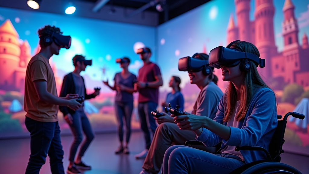 Monitor de Virtua Barcelona ayudando a un visitante con las gafas de realidad virtual en nuestras instalaciones de Barcelona