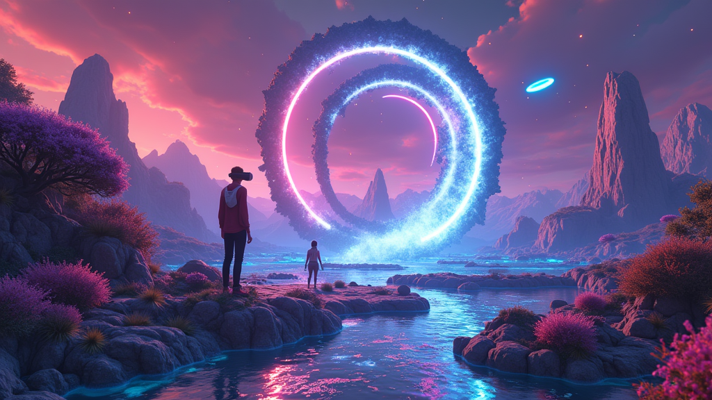 Un exuberante valle boscoso en Disc Dimension Golf Fantasía VR, mostrando su detallado apartado visual.