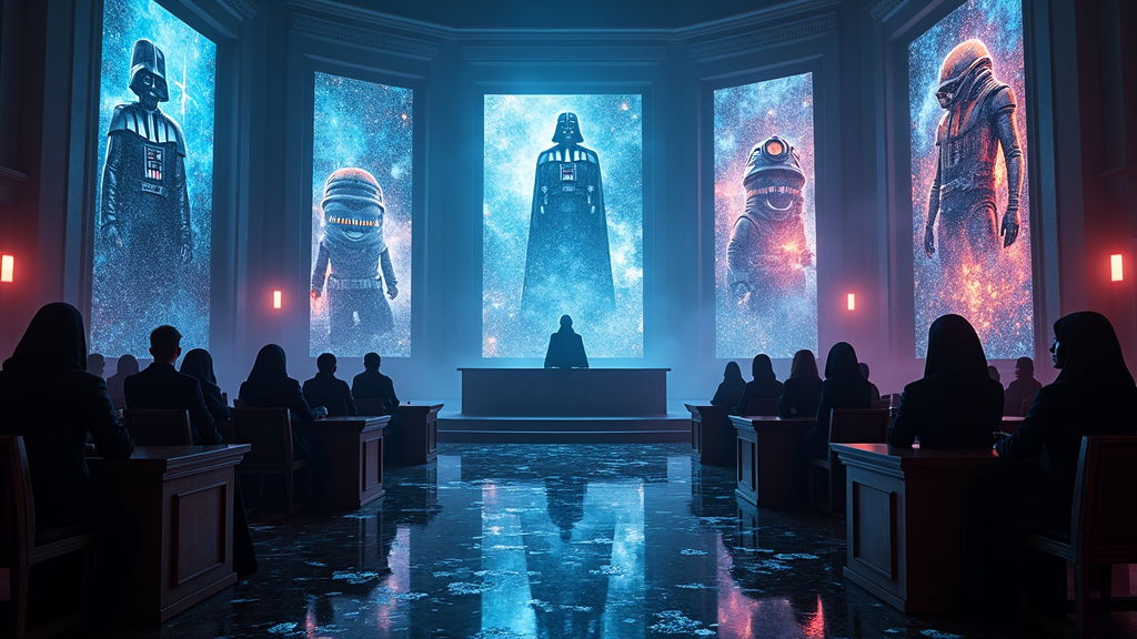 Concepto visual del conflicto entre la inteligencia artificial y los derechos de autor en Hollywood, ilustrando la demanda IA derechos autor Hollywood.