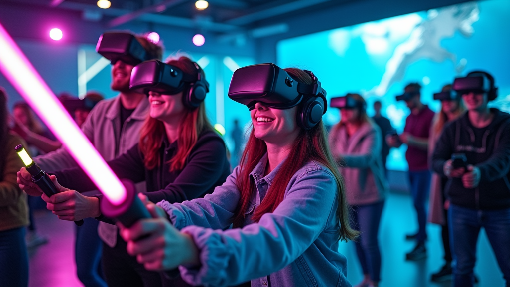 Grupo de amigos sonriendo mientras disfrutan de emocionantes experiencias VR Barcelona en Virtua
