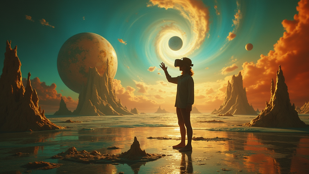 Paisaje onírico de la experiencia de surrealismo VR de Dalí, mostrando elefantes con patas largas y relojes derretidos.