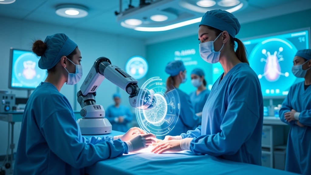 Ilustración abstracta de IA adaptándose al sector sanitario, concepto central del Informe Robótica Sanitaria IA.