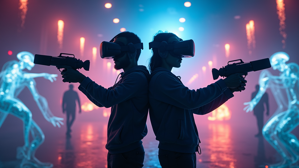 Dos jugadores con gafas VR luchando codo con codo en la experiencia Serious Sam VR en Virtua Barcelona.