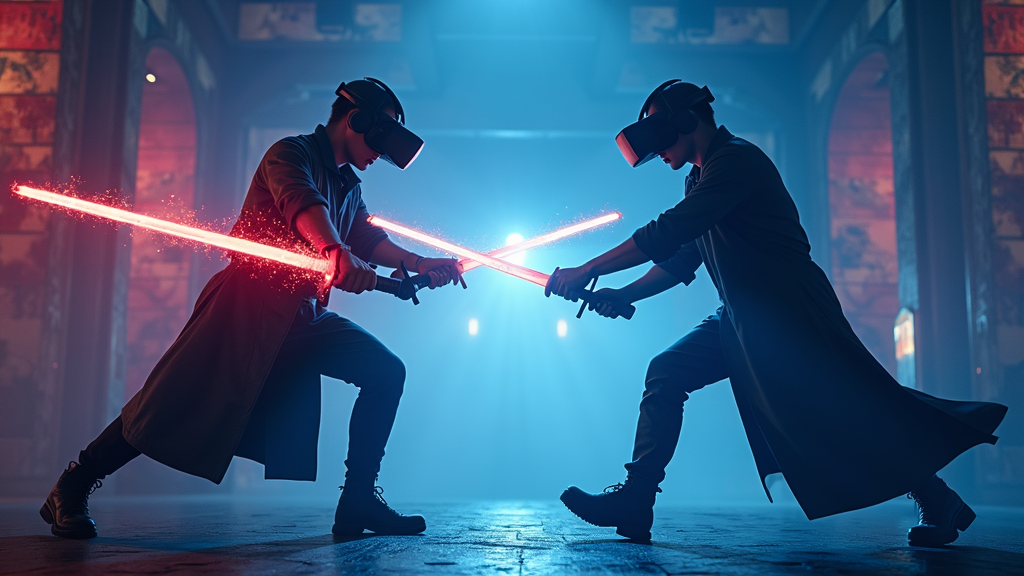 Dos jugadores enfrentados en un intenso combate espadas realidad virtual con Broken Edge en Virtua Barcelona.