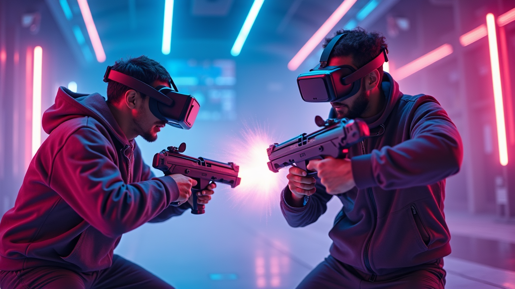 Participante disfrutando de intensos duelos VR Blaston Barcelona en las instalaciones de Virtua