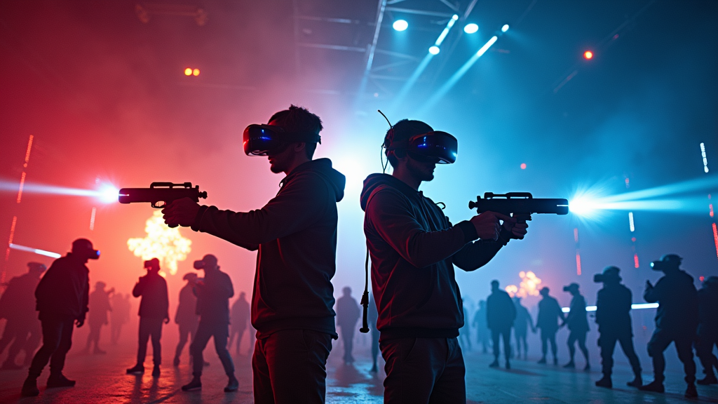 Jugador concentrado apuntando con los mandos durante una intensa partida de Serious Sam VR en Barcelona.