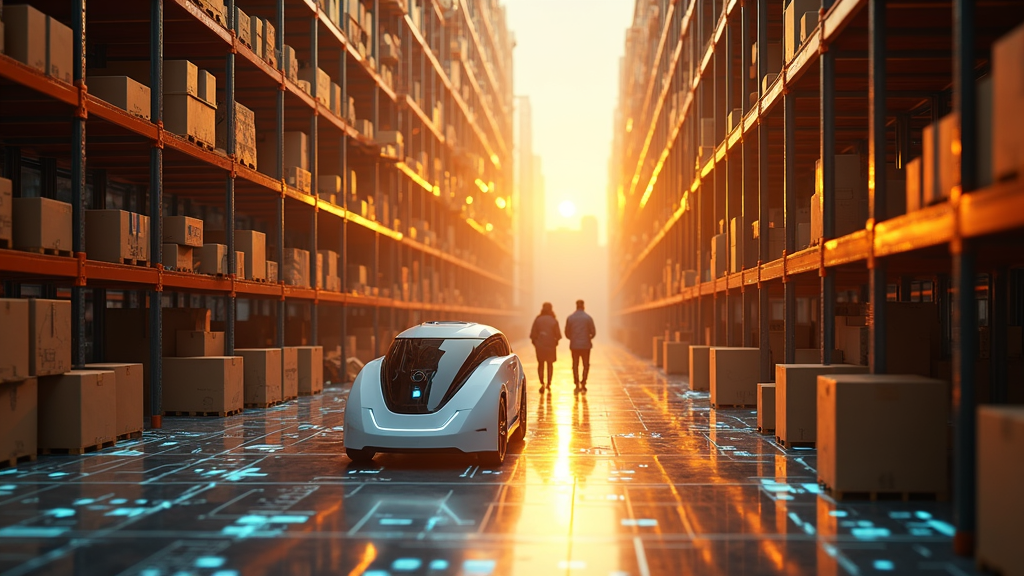 Ilustración de la IA agente de Amazon optimizando rutas logísticas con mapas inteligentes para la entrega de última milla.