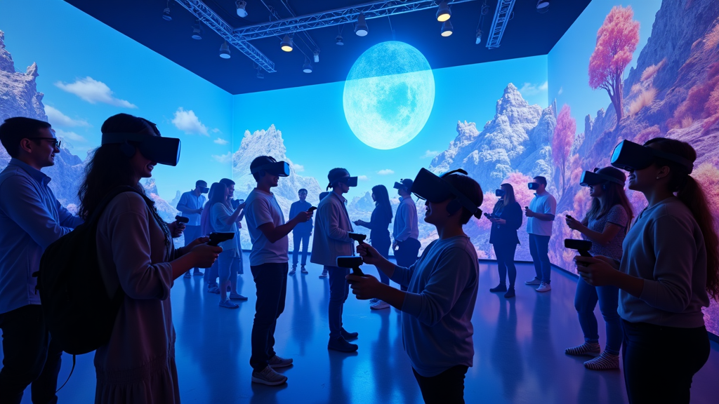 Grupo de amigos disfrutando una experiencia de realidad virtual en Virtua Barcelona