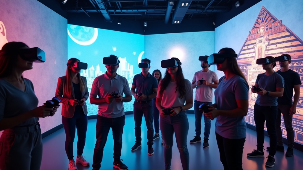 Experiencia de escape room VR en Barcelona - Grupo explorando un entorno virtual inmersivo en Virtua