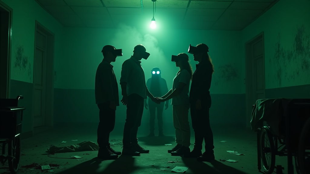 Grupo de amigos preparándose para el desafío del escape room realidad virtual terror en Virtua Barcelona