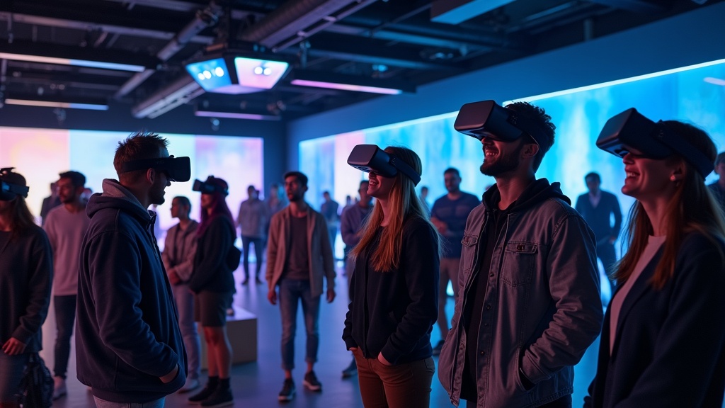 Ejecutivos sonriendo mientras disfrutan de una actividad de Team Building VR, una de las experiencias más innovadoras de Virtua en Barcelona.